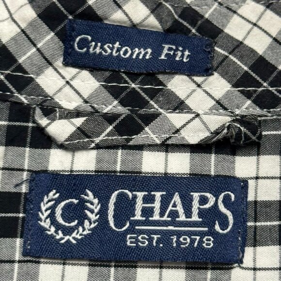 Chaps Mens Custom Fit L Black & White Plaid Button-Down Shirt Excellent - Picture 2 of 8